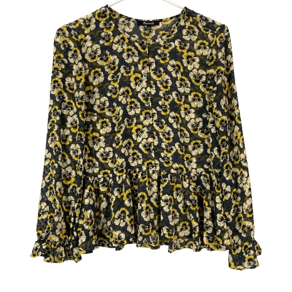 Madewell Sheer Peasant Blouse Floral Print Long Sleeve Peplum Button Up Top Sz S
